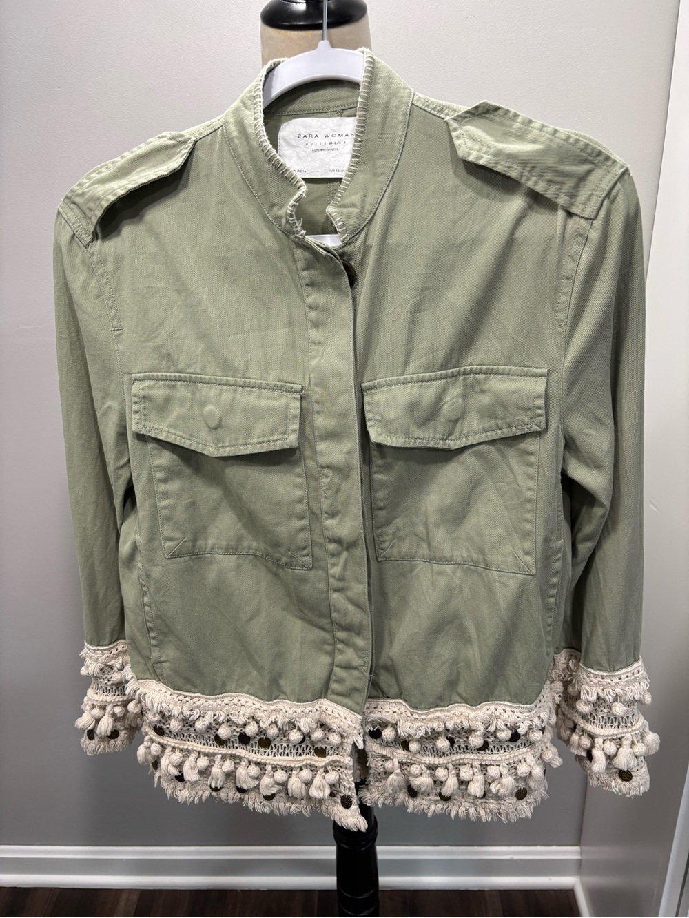 Zara Light Olive Utility Jacket with Cream Tassel Trim